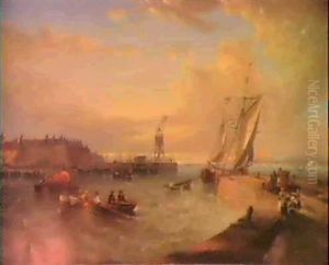 A View Of Harbor, Hartlepool, Scotland, With A Dutch Sailingboat Off A Quay, A Fishing Fleet And A Lighthouse Beyond A View Of Harbor, Hartlepool, Scotland, With A Dutch Sailingboat Off A Quay, A Fishing Fleet And A Lighthouse Beyond