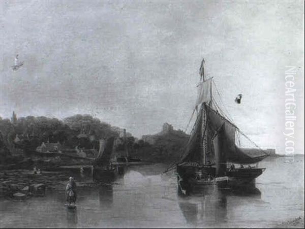Shipping In An Estuary With Figures In The Foreground, A Village With A Ruined Castle Beyond - view 1