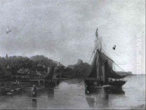Shipping In An Estuary With Figures In The Foreground, A Village With A Ruined Castle Beyond by John Wilson Carmichael