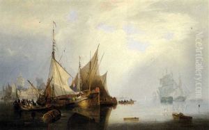 Ships At Anchor, A Town Beyond by John Wilson Carmichael