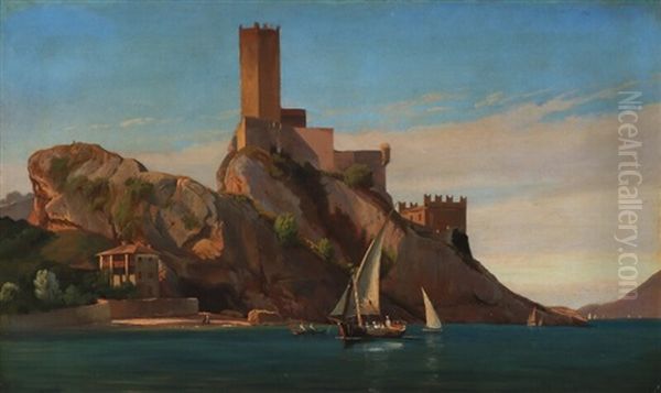 View Of Lake Garda With The Medieval Castle Castello Scaligero At Malcesine by Johann Hermann Carmiencke