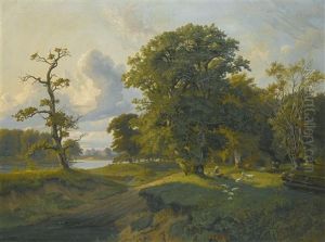 A Wooded Landscape With A Girl And Cattle by Johann Hermann Carmiencke