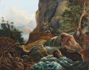Gebirgslandschaft Mit Wasserfall by Johann Hermann Carmiencke