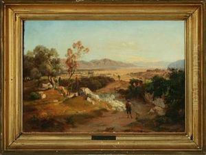 Shepherd Driving A Herd Of Sheep Onto The Plain