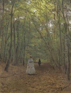 Waldweg Mit Dame In Weissem Kleid by Wilhelm A. Lebrecht Amberg