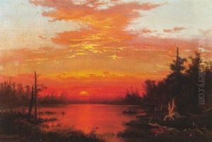 Fisherman On A Lake At Sunset by Johann Hermann Carmiencke