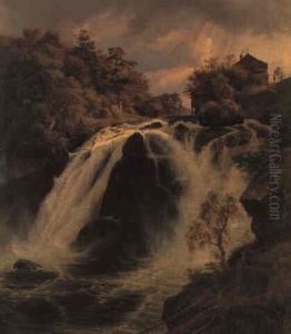 Brusende Vandfald Mellem Klipper by Johann Hermann Carmiencke