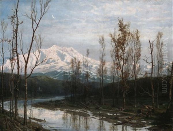 Winterabend In Einem Tal In Den Italienischen Alpen. Holzfaller Und Reisigsammler Auf Dem Heimweg - view 1