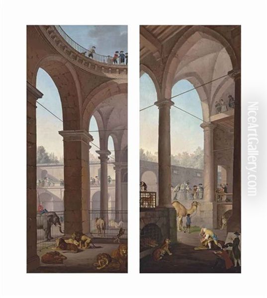 Roman Arcades With Cages Of Lions, Dromedaries And An Elephant...; Classical Arcades With A Dromedary, Leopards A Baboon...(pair) - view 1