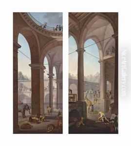 Roman Arcades With Cages Of Lions, Dromedaries And An Elephant...; Classical Arcades With A Dromedary, Leopards A Baboon...(pair)