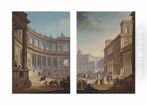 An Amphitheatre With Figures Watching A Bull Fight; A Capriccio Of A Square With Figures Watching A Hot Air Balloon (pair)