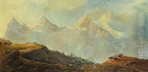 Alm In Hochgebirge Voreiger, Monch Und Jungfrau by Gustave Amberger