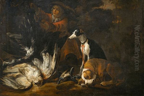 Jagdhunde Und Jagdgehilfe Mit Erlegten Wildvogeln - view 1
