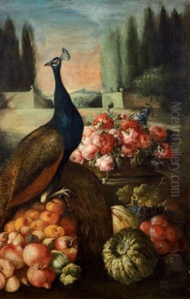 Vue De Parc Avec Un Paon Pres D'une Corbeille De Fleurs, De Fruits Et De Legumes - view 1