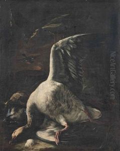 A Goose, Snipe And Duck With A Hawk, A Basket, And A Rifle On A Bank