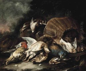 Quail, Finches And A Jay With A Wicker Basket In A Landscape Quail, Finches And A Jay With A Wicker Basket In A Landscape