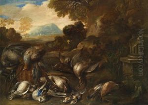Jagdutensilien Und Erlegtes Wild In Einer Weiten Landschaft Mit Einem Saulenstumpf by Baldassare De Caro