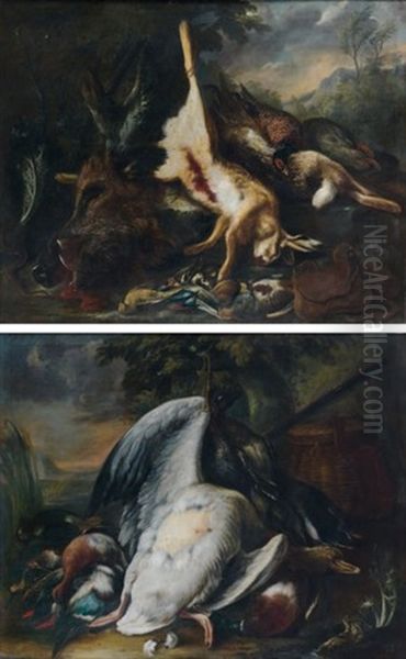 Trophee De Chasse Aux Lievres, Sanglier, Faisans, Perdreau, Geai, Serpent Et Gibeciere Dans Un Paysage (+ Trophee De Chasse Au Cygne, Aux Canards, Aux Becassines, Vaneau, Grenouille Et Fusil De Chasse Dans Un Paysage; Pair) - view 1
