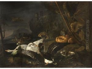 Jagdstilleben Mit Enten In Abendlicher Landschaft