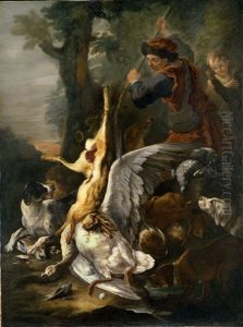 Cacciagione Di Penna E Una Lepre Con Cacciatori E Cani In Un Paesaggio Boschivo (collab. W/ Paolo De Matteis) by Baldassare De Caro
