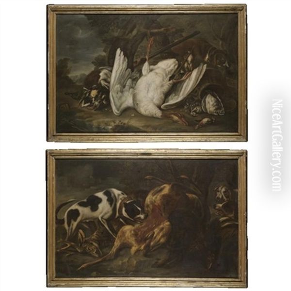 A Landscape With Hounds Together With A Still Life With A Goose, Mallard Drake And Songbirds (+ A Landscape With Three Hounds Together With A Still Life Of Dead Game; Pair) - view 1