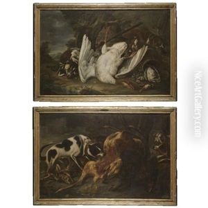 A Landscape With Hounds Together With A Still Life With A Goose, Mallard Drake And Songbirds (+ A Landscape With Three Hounds Together With A Still Life Of Dead Game; Pair) by Baldassare De Caro