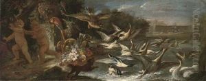 An Eagle Attacking Ducks In A Pond With Putti Escaping In An Italianate Garden (+ A Hunting Still Life With A Deer, A Rabbit, Ducks And Other Game In A River Landscape With Hunters Resting With Their by Baldassare De Caro