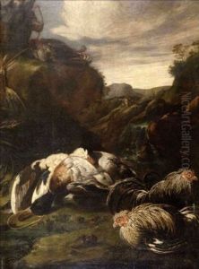 Nature Morte Aux Trophees De Chasses Sur Fond De Paysage (+ Another, Similar; Pair) by Baldassare De Caro