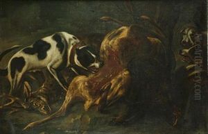 A Hunt Still Life Of A Dead Goose, Duck, Partridge And Song Birds With A Dog, Basket And A Rifle (+ Hounds Attacking A Dead Deer In A Wooded Clearing; Pair) by Baldassare De Caro