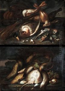 Still Life With A Hare, A Duck, A Jay, Bull Finches And Other Birds Together In A Landscape (+ Still Life With A Basket Of Fish, Together With A Shell In A Landscape; Pair)