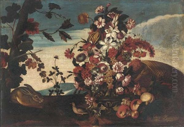 A Landscape With A Vase Of Mixed Flowers, A Rabbit And A Bird In A Clearing - view 1