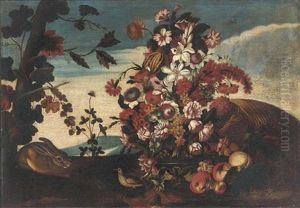 A Landscape With A Vase Of Mixed Flowers, A Rabbit And A Bird In A Clearing