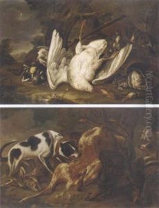 A Dead Goose, Duck, And Other Birds In A Wooded Clearing, With A Dog And A Musket