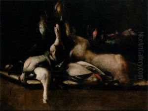 A Hare And Game On A Stone Ledge, Dead Song Birds Hanging Above by Baldassare De Caro
