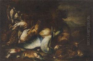 A Still Life Of Woodcock And Other Birds In A Landscape by Baldassare De Caro