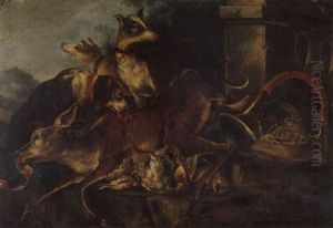Still Life With Hounds, A Stag, Partridges And Other Game, With A Hunting Horn In A Parkland Landscape