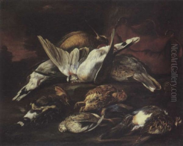 A Hunting Still Life With Dead Birds And A Satchel In A Landscape - view 1