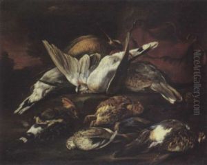 A Hunting Still Life With Dead Birds And A Satchel In A Landscape by Baldassare De Caro