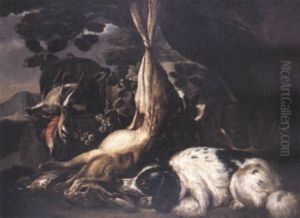 Nature Morte D'oiseaux, Lievre Et Chien Dans Un Sous-bois