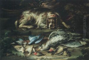A Still Life With A Hound Guarding Over A Wild Boar, A Heron And Songbirds, Together With A Musket And Shot Nearby