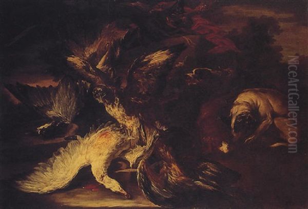 Hunting Still Life With Game With Game Birds, Dogs And A Falcon In A Landscape - view 1