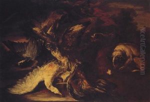 Hunting Still Life With Game With Game Birds, Dogs And A Falcon In A Landscape by Baldassare De Caro