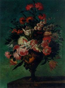 Flowers In An Urn On A Ledge by Baldassare De Caro