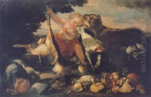 A Cherub And Hounds Amid Dead Game In A Landscape