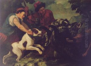A Huntsman And His Hounds At The Kill Of A Wild Boer by Baldassare De Caro