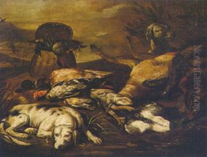 A Landscape With A Still Life Of Game And Dogs Resting by Baldassare De Caro