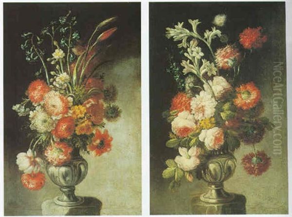 Still Life Of Various Flowers In Pewter Vases, On Stone Pedestals - view 1