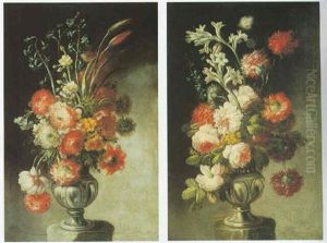Still Life Of Various Flowers In Pewter Vases, On Stone Pedestals by Baldassare De Caro