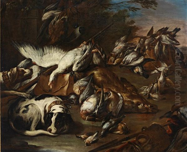 Two Hounds By A Game Bag And Dead Boar - view 1