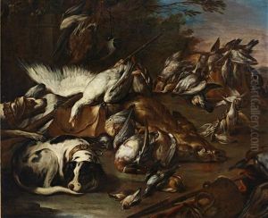 Two Hounds By A Game Bag And Dead Boar by Henry Caro-Delvaille